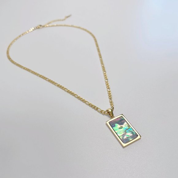 Abalone Paua Rectangle Pendant Figaro Chain 18K Real Gold Plated Necklace - Picture 7 of 11